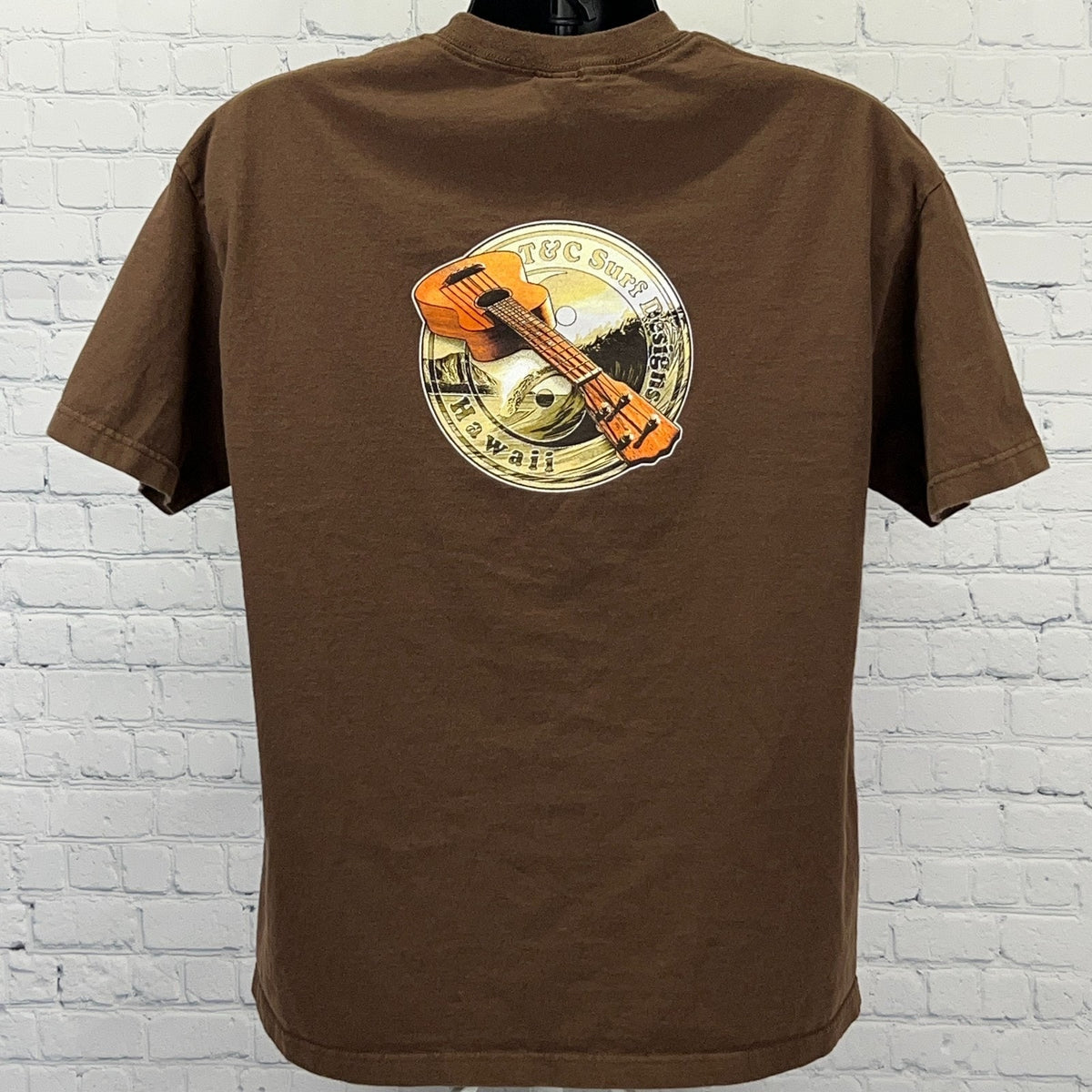 T&C Surf Designs Vintage Brown T-Shirt Size X-Large with Guitar Graphic on Back