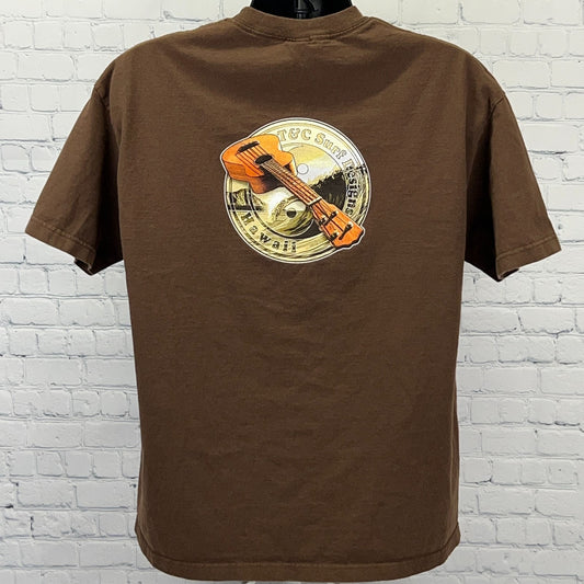 T&C Surf Designs Vintage Brown T-Shirt Size X-Large with Guitar Graphic on Back