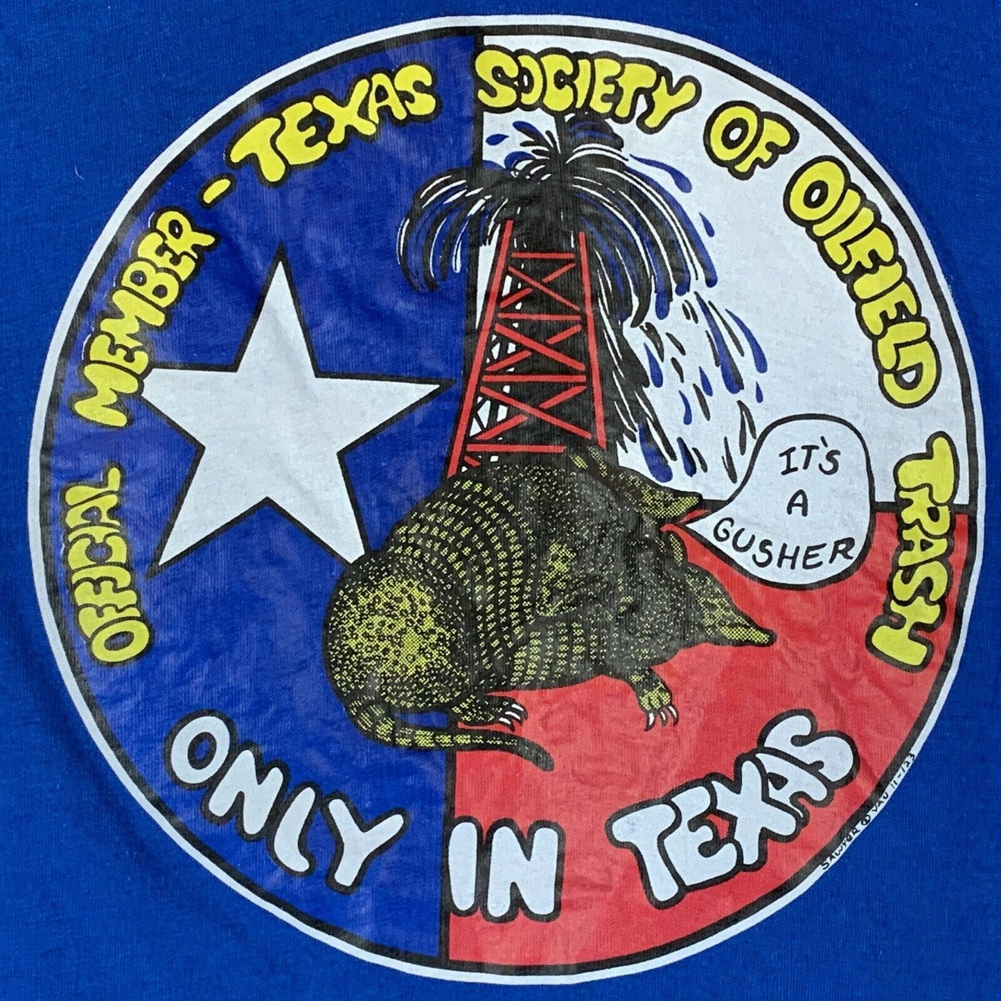 Camiseta vintage de la Sociedad de Basura de Yacimientos Petrolíferos para hombre, talla extra pequeña, perforación petrolera de Texas, color azul