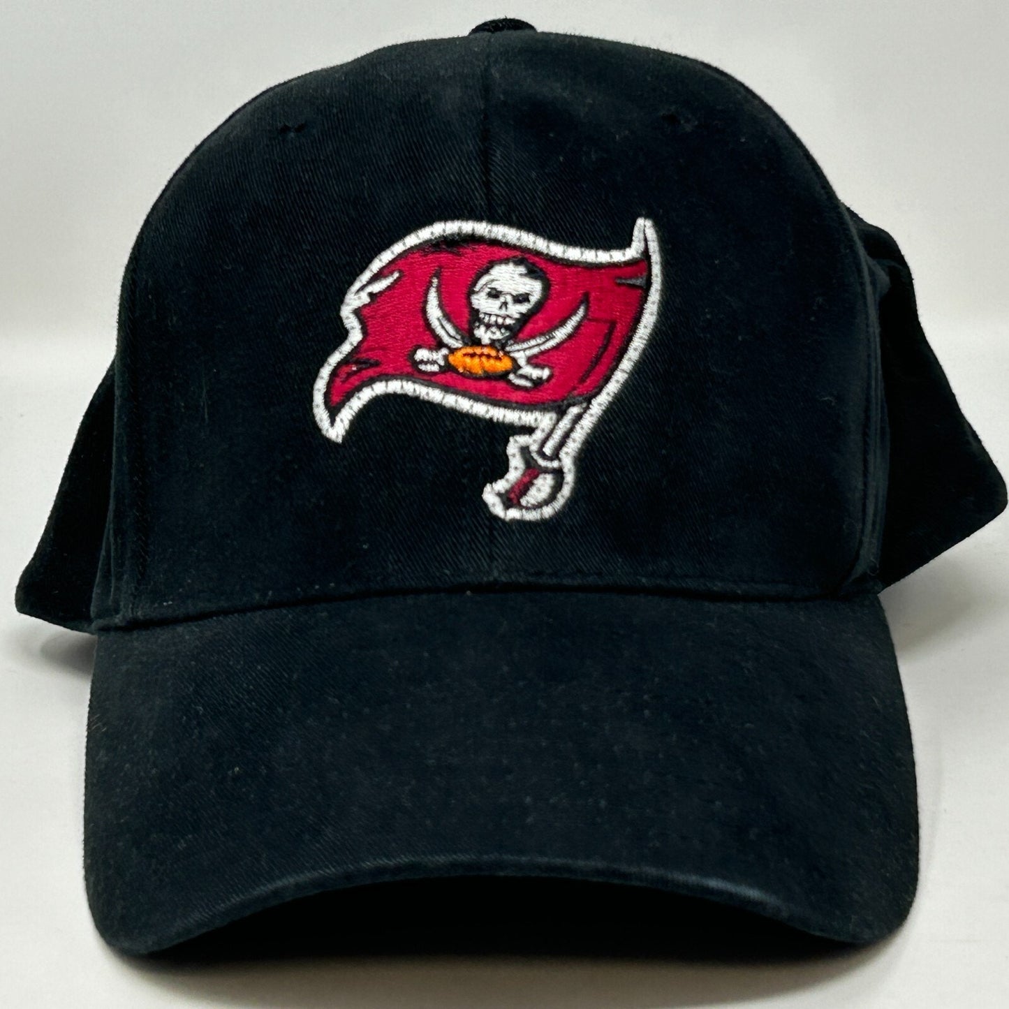 Black Tampa Bay Buccaneers Hat with embroidered logo of the team's flag on the front