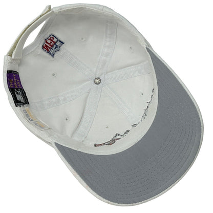Starter Tampa Bay Buccaneers hat in white and gray, top view showing interior details and stitching