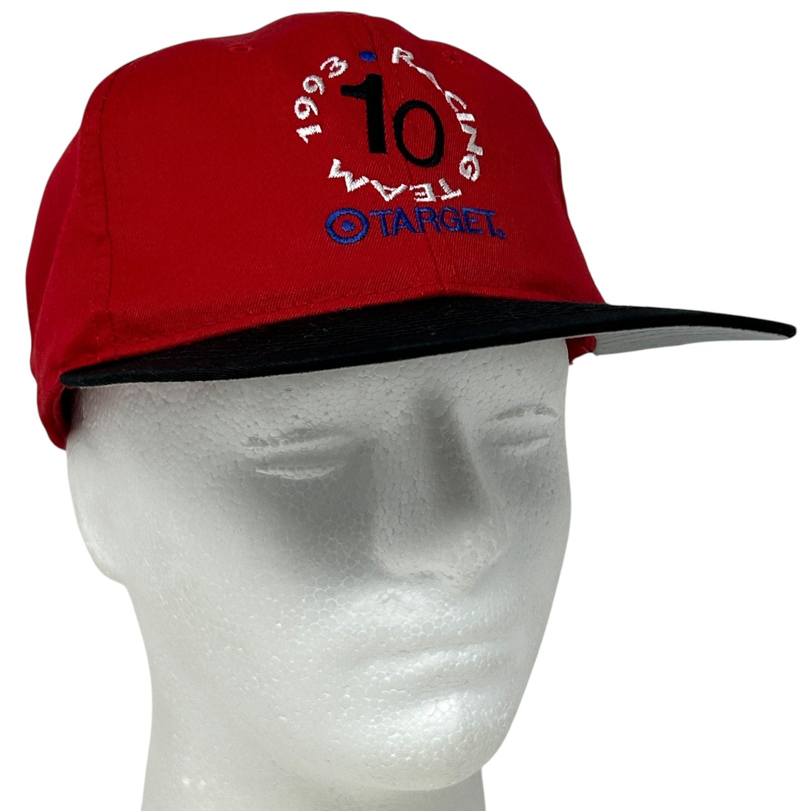 Yupoong Indycar racing hat in red with black brim, featuring 1993 Team Target logo on the front