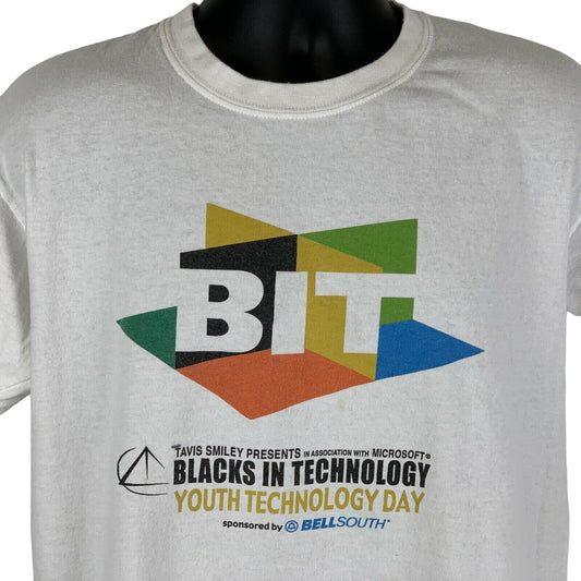 White Vintage T-Shirt featuring 'Blacks In Technology' logo and BIT graphic on the front