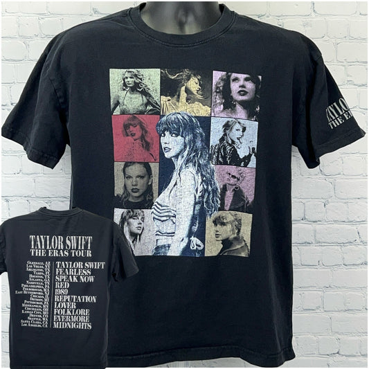 Black Taylor Swift The Eras Tour T Shirt featuring a colorful collage of Taylor's album covers on the front