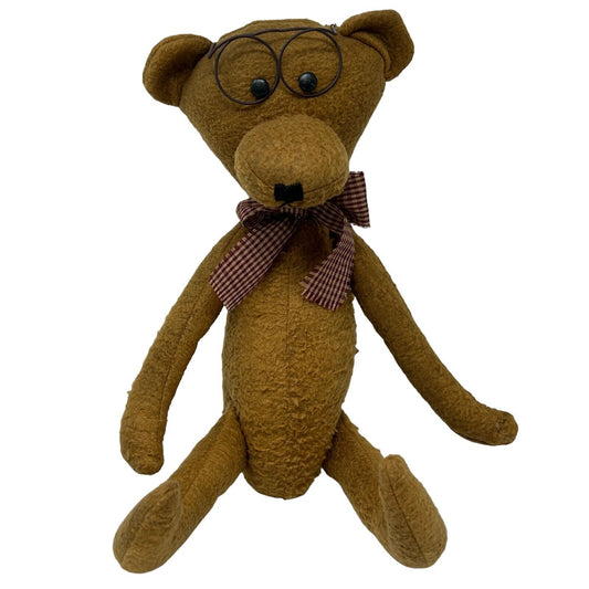 Brown Teddy Bear with Black Glasses and a Brown Checkered Bow Tie in a Sitting Position