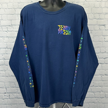 Teddy Fresh T Shirt in navy blue, long sleeves with colorful logo on front and down the sleeves