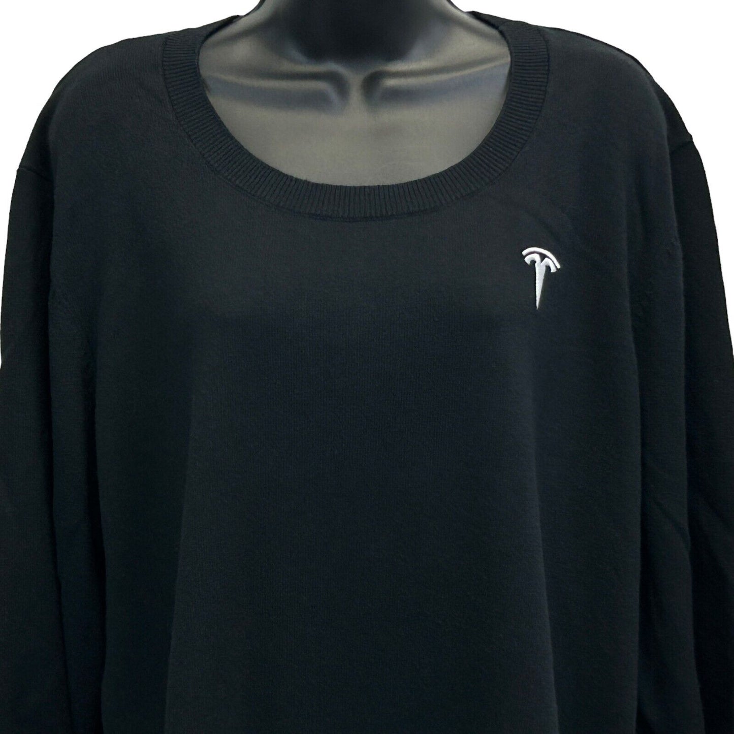 Front view of a black Tesla sweater featuring the Tesla logo in white at the chest