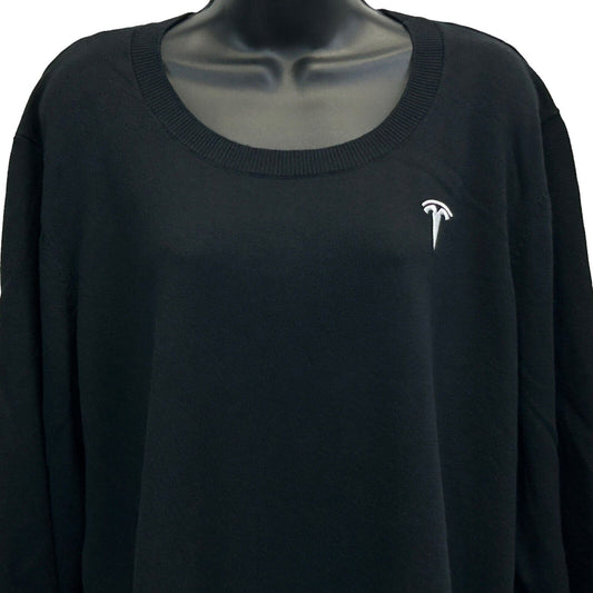 Front view of a black Tesla sweater featuring the Tesla logo in white at the chest