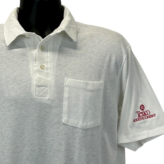 Vintage Texaco White Polo Shirt with Front Pocket and Logo on Sleeve, Size Medium, Front View