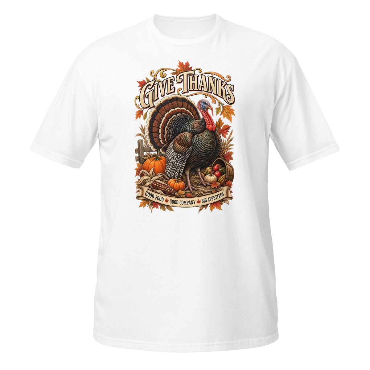White T-shirt with Thanksgiving turkey graphic and pumpkins, featuring 'Give Thanks' text, front view