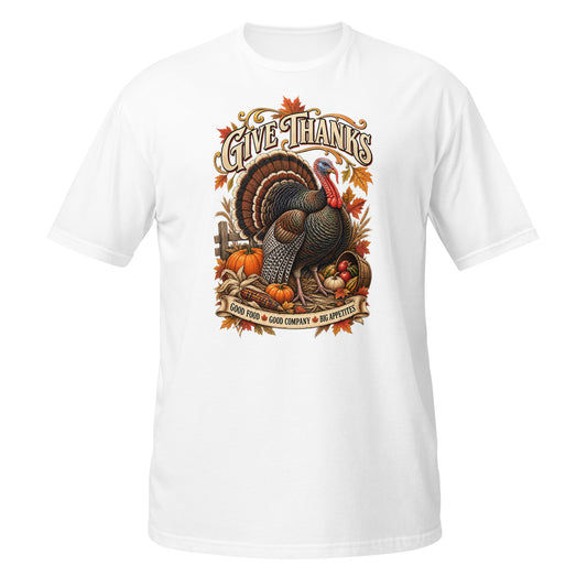 White T-shirt with Thanksgiving turkey graphic and pumpkins, featuring 'Give Thanks' text, front view