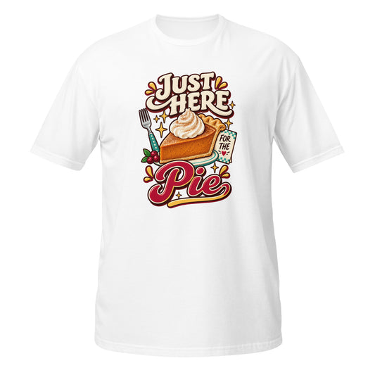 White T-shirt featuring a colorful Thanksgiving pie graphic, front view