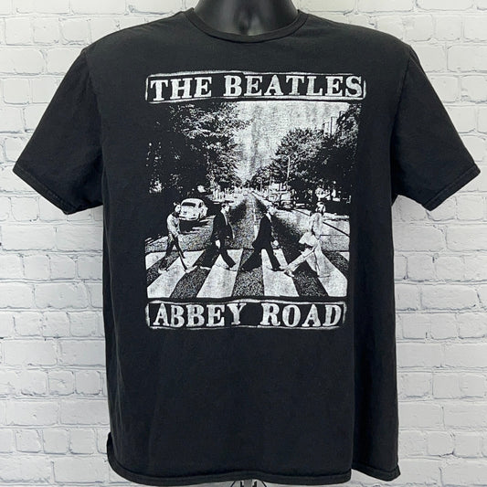Black The Beatles Abbey Road T-shirt featuring iconic album cover art in front view