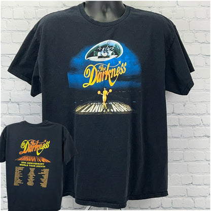 Black Gildan T-shirt featuring The Darkness graphic on the front and tour details on the back