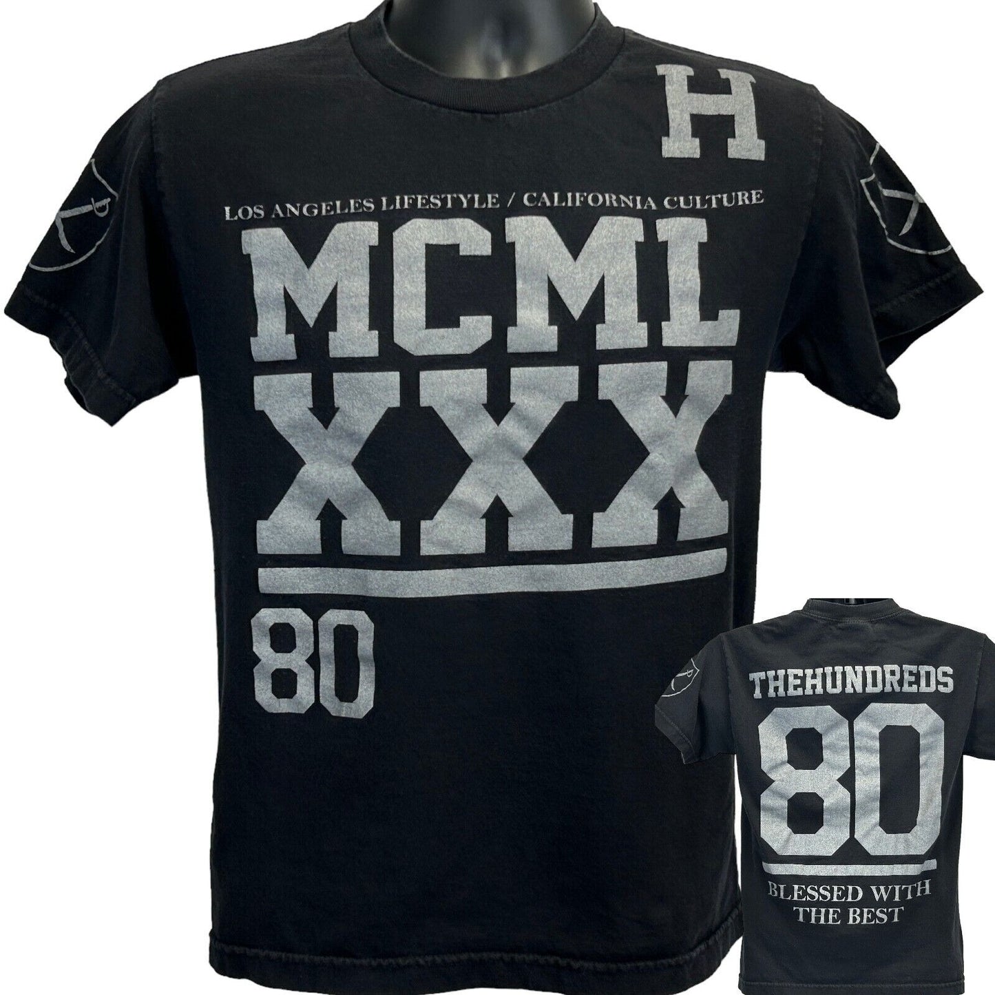 The Hundreds Black T-Shirt in size M featuring bold graphics and logo on the front and back view