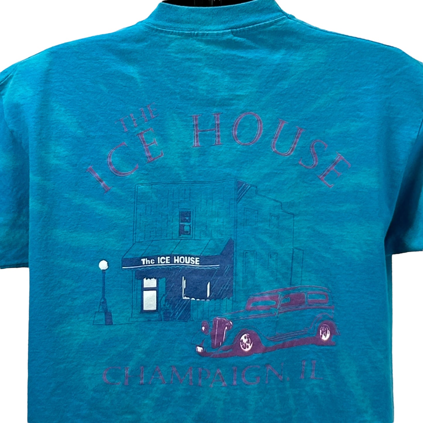 Turquoise Fruit of the Loom T-Shirt featuring 'The Ice House Champaign Illinois' graphic on the back