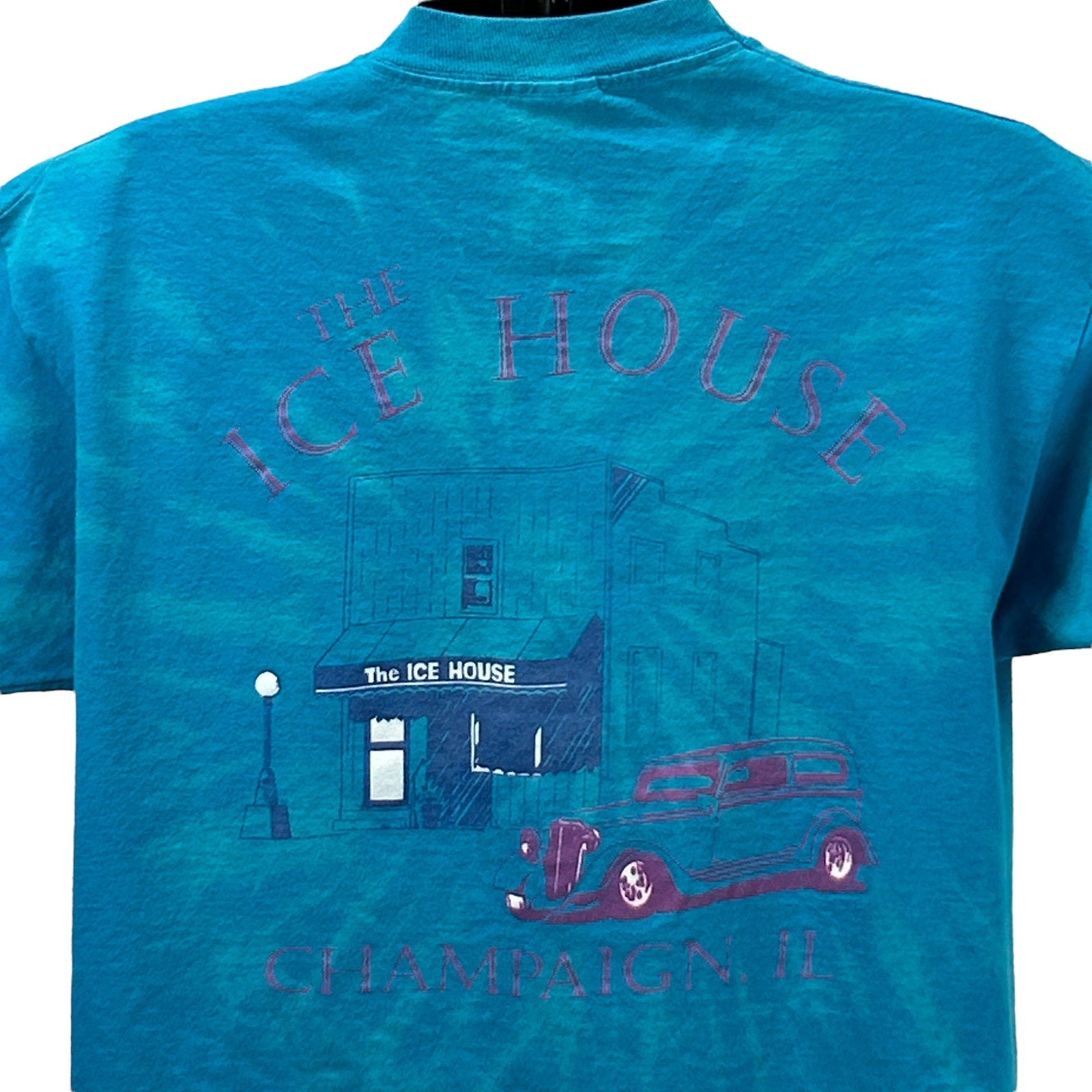 Turquoise Fruit of the Loom T-Shirt featuring 'The Ice House Champaign Illinois' graphic on the back