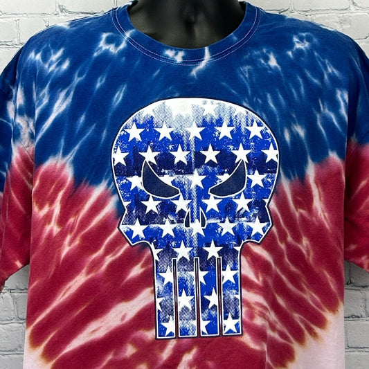 Men's tie-dye T-shirt featuring The Punisher logo in red, white, and blue with a star pattern
