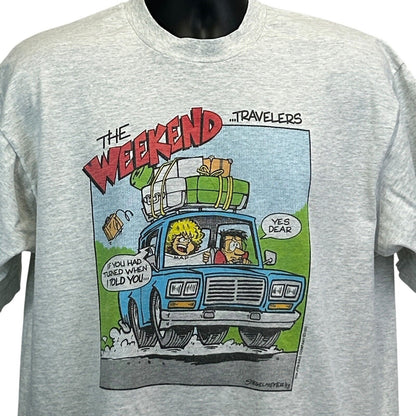 Gray Fruit of the Loom T-Shirt featuring 'The Weekend Travelers' cartoon graphic on the front