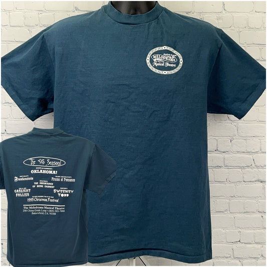 Navy blue Hanes t-shirt size large featuring Musical Theatre logo and 1995 season designs on the back