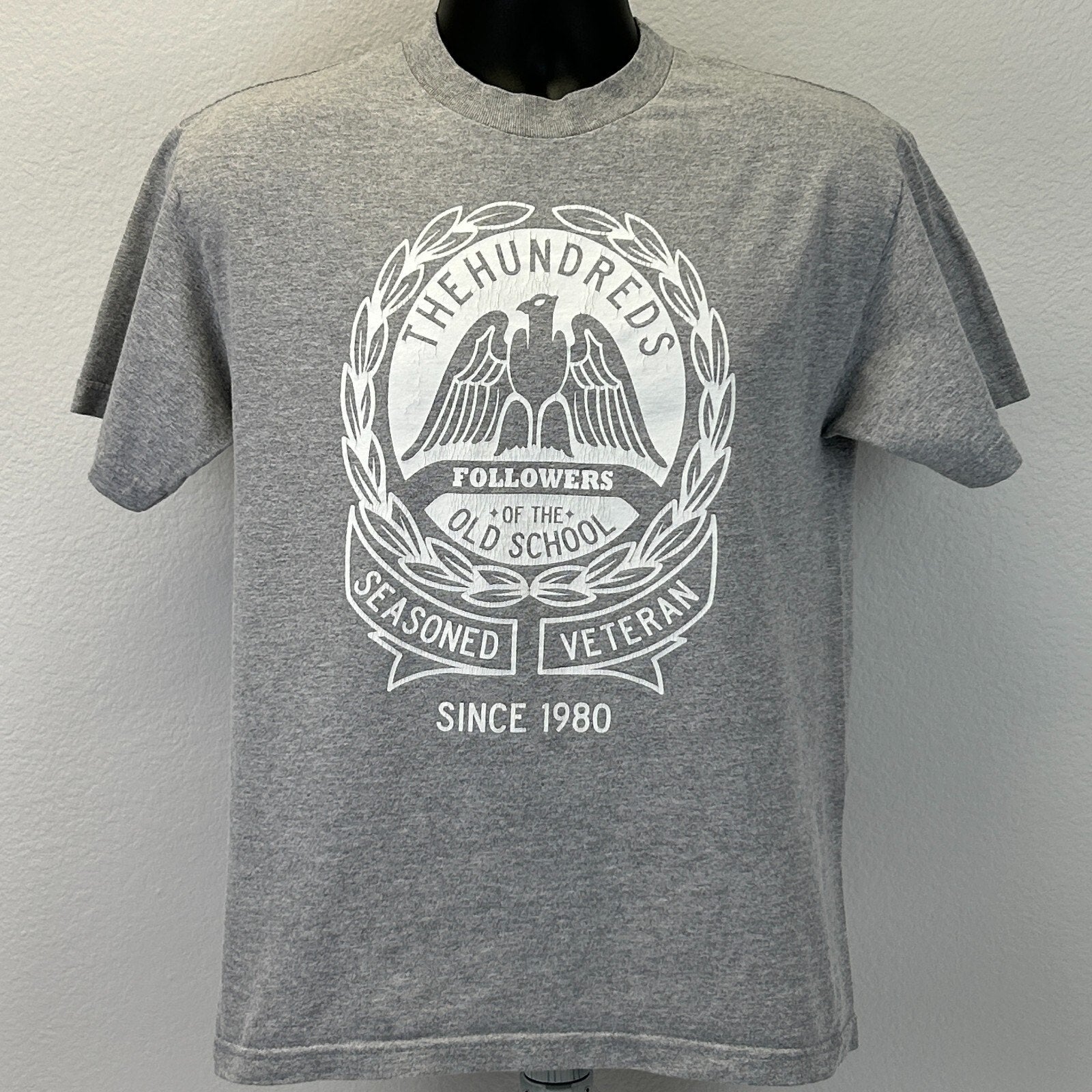 The Hundreds gray streetwear graphic t shirt front view featuring veteran design since 1980