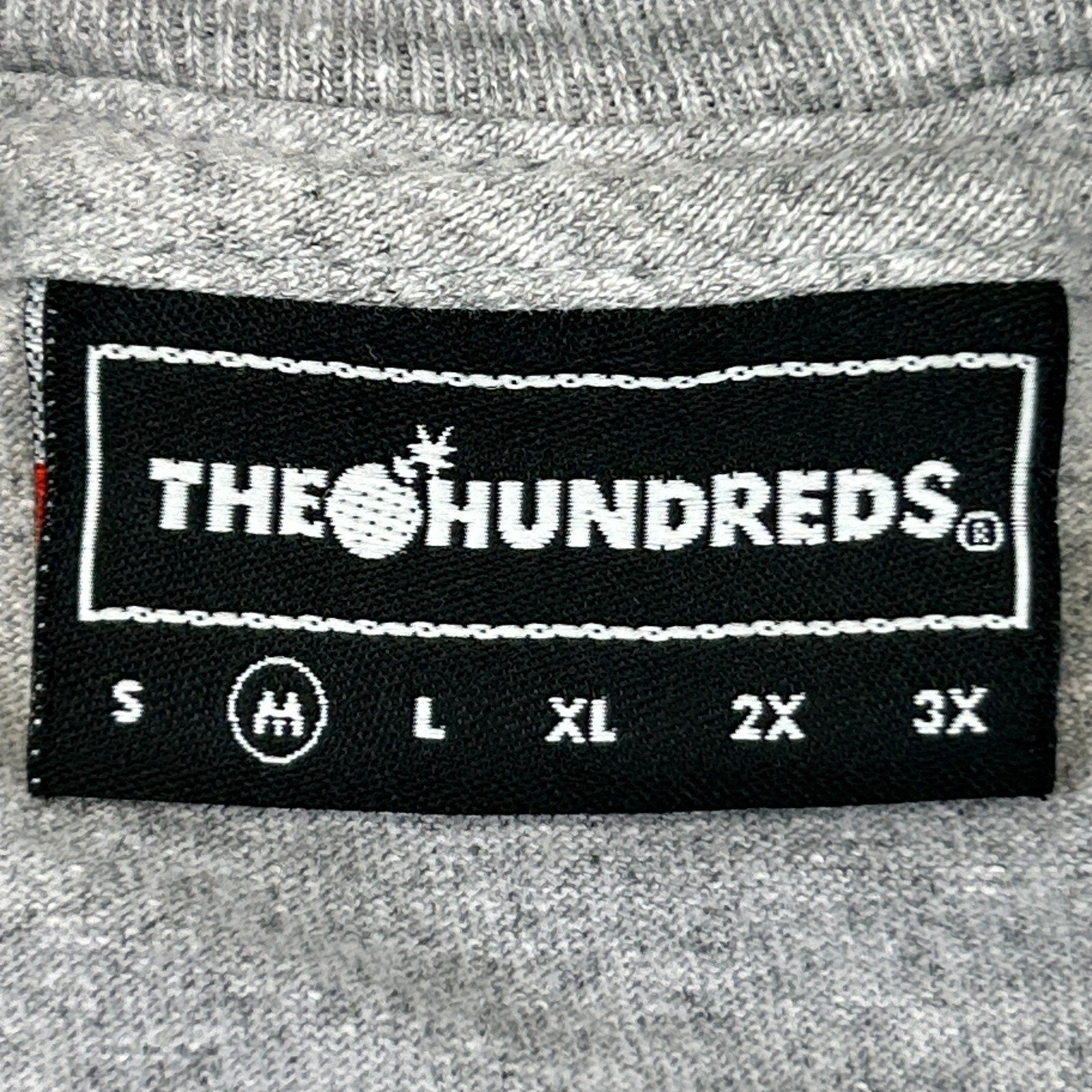 The Hundreds grey streetwear graphic t shirt tag showing size options S to 3X