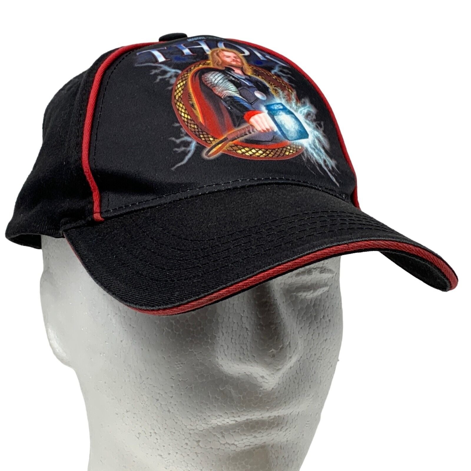 Black Marvel Thor Hat with Front Graphic of Thor Holding Mjolnir and Red Trim, Adjustable Size