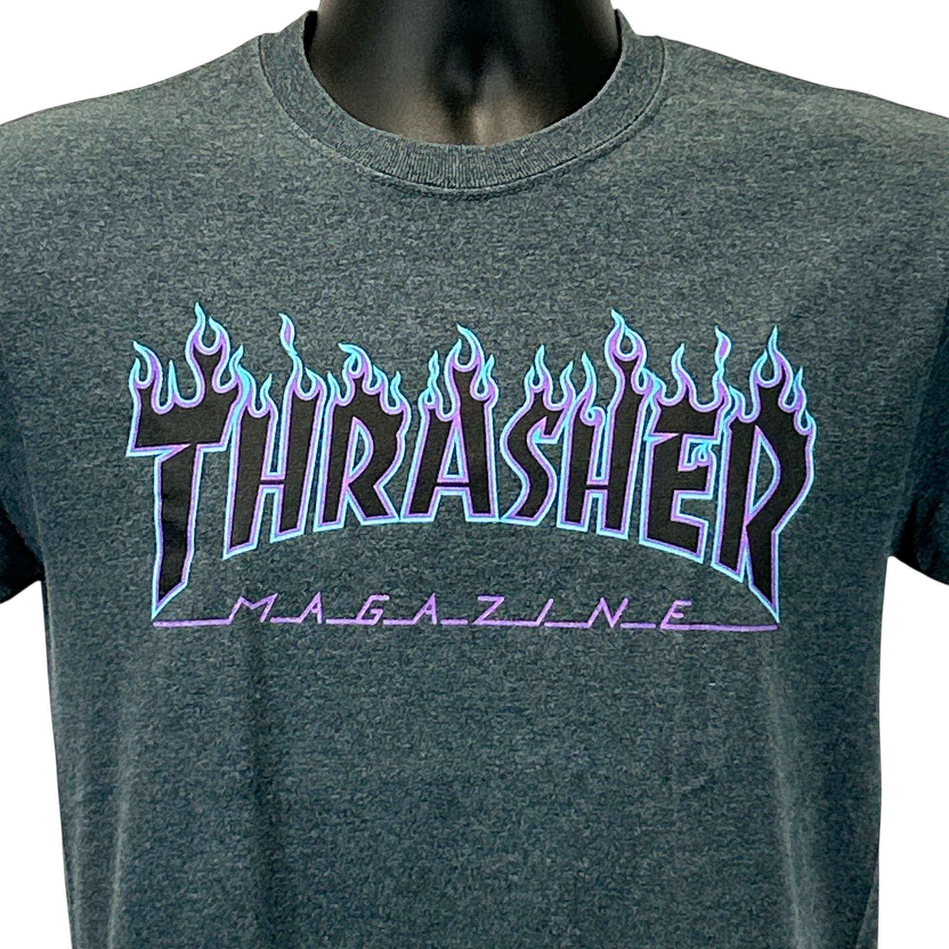 Front view of gray Thrasher T-Shirt featuring multicolored flame logo design
