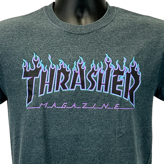 Front view of gray Thrasher T-Shirt featuring multicolored flame logo design