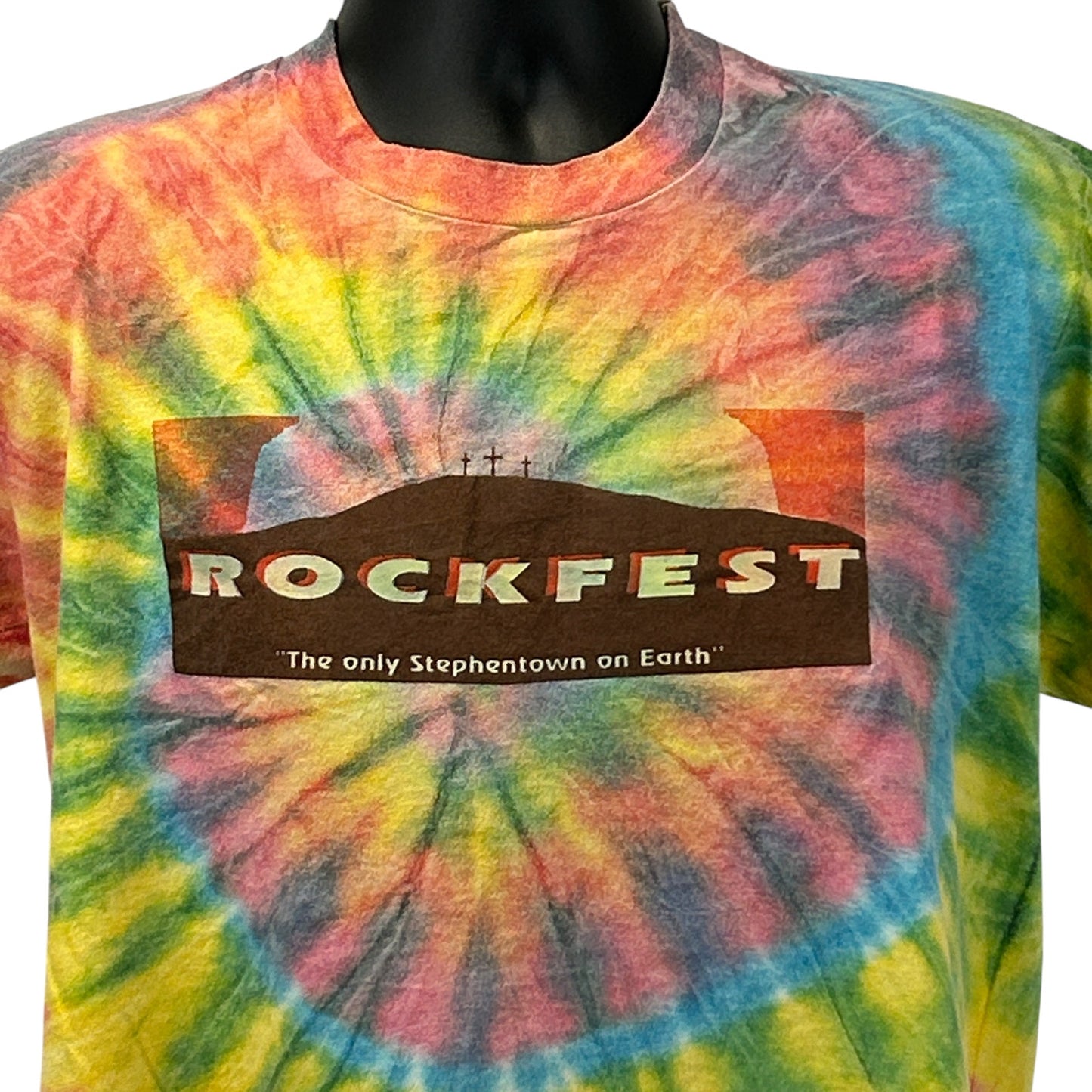 Colorful tie-dye t-shirt featuring 'Stephentown Rockfest' logo on the front