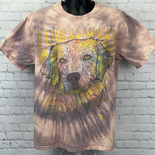 Front view of tie-dye t-shirt featuring a colorful Golden Retriever design with the phrase Love is Golden