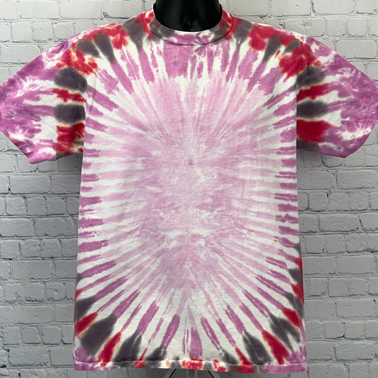 Front view of Vintage Tie Dye T-shirt in pink, gray, and red colors with a spiral pattern