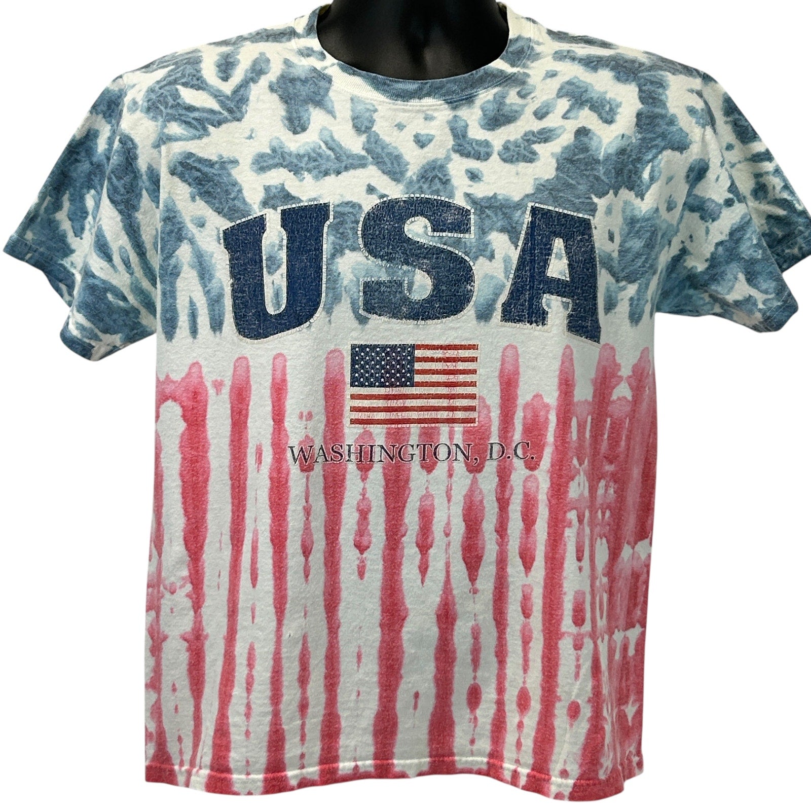 Hanes USA Tie-Dye T-Shirt in Blue and Red with American Flag Design, Front View