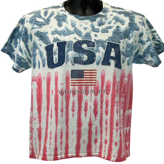 Hanes USA Tie-Dye T-Shirt in Blue and Red with American Flag Design, Front View