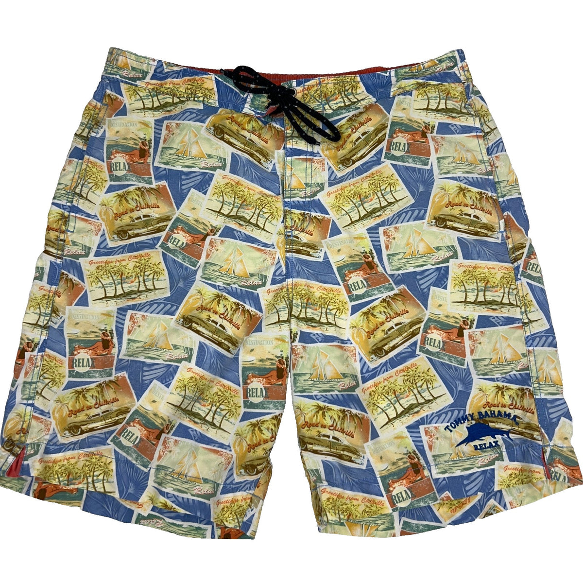 Tommy Bahama Swim Trunks in Blue with Colorful Postcard Print and Drawstring