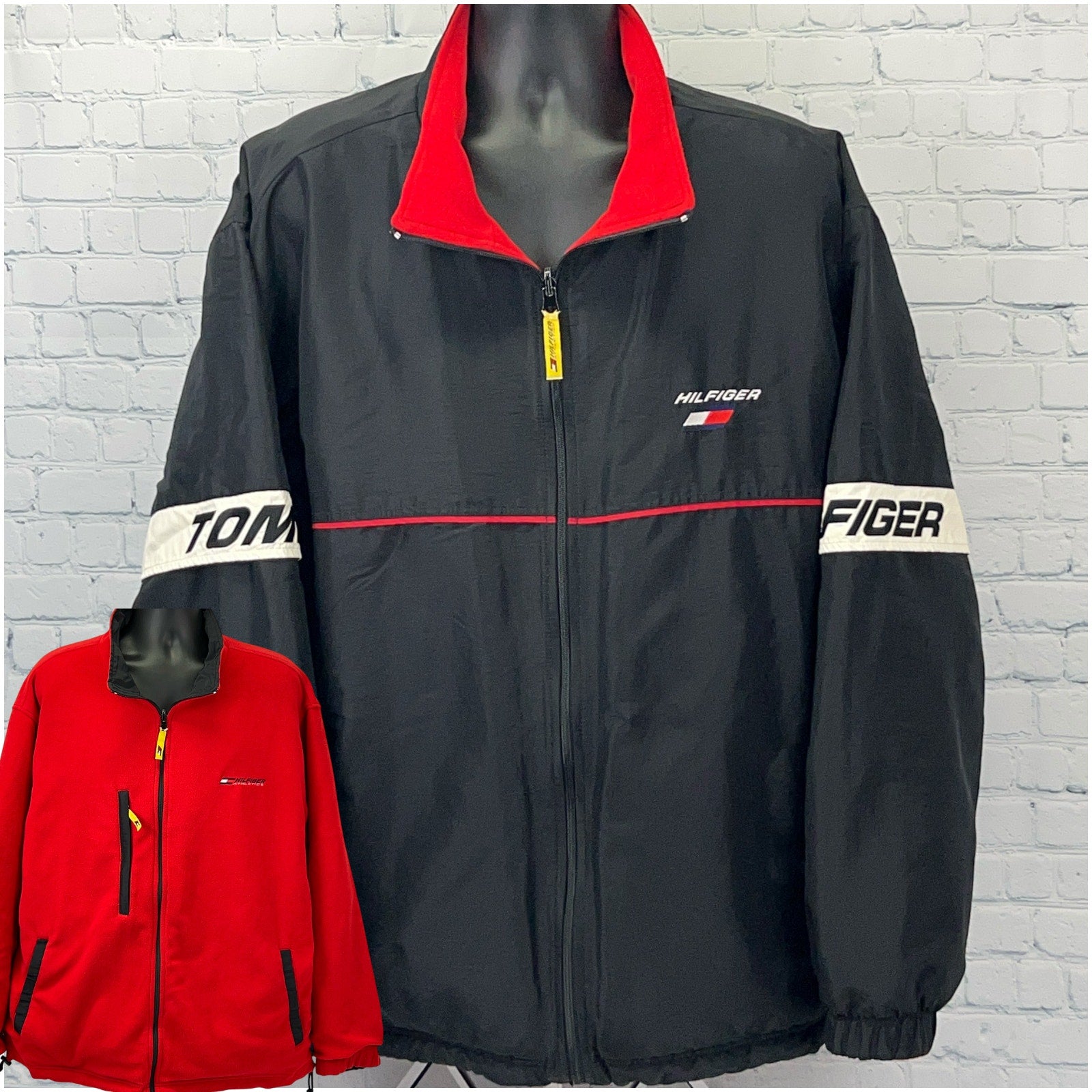 Tommy Hilfiger 90s Jacket Black Red Large Front And Back Vintage
