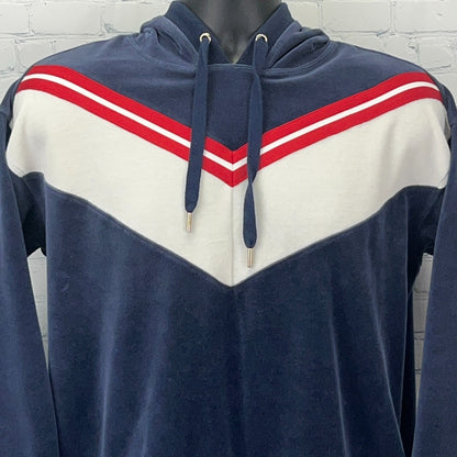 Tommy Hilfiger navy hoodie with red and white chevron stripes, front view, featuring logo on chest