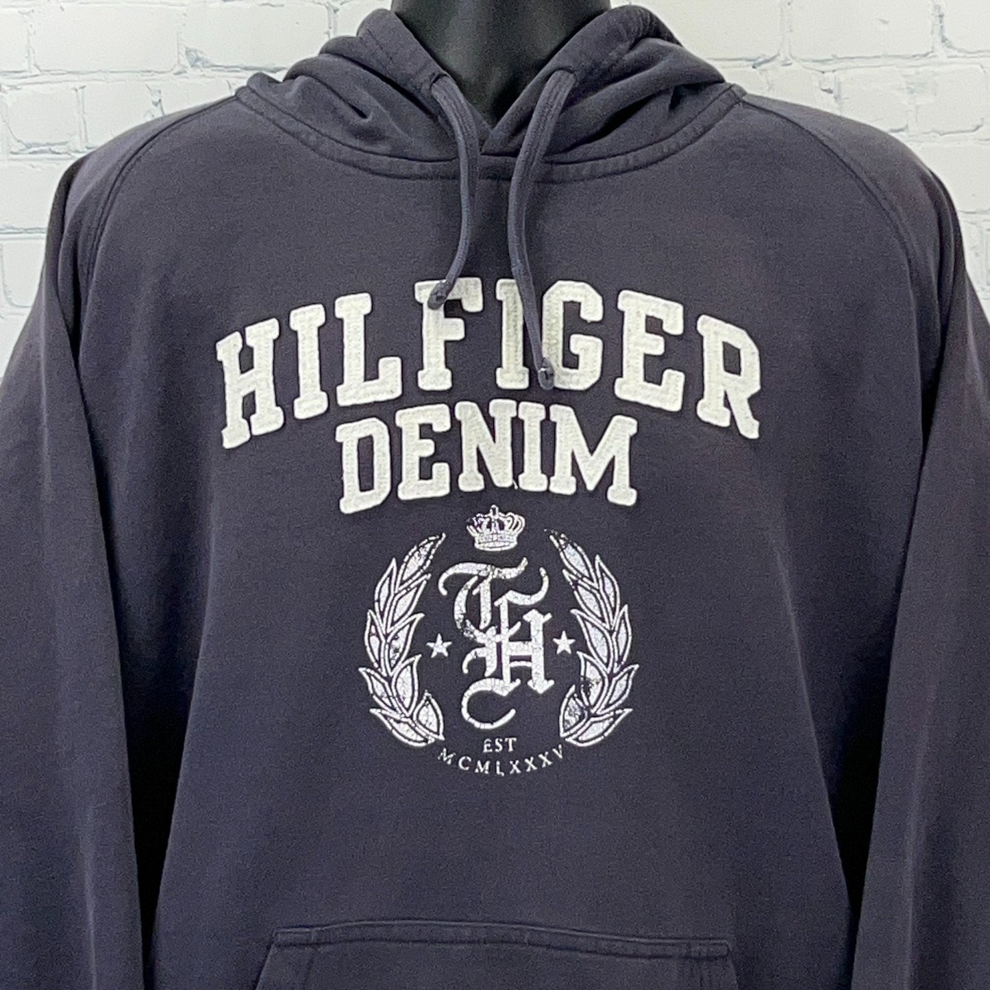 Tommy Hilfiger navy hoodie featuring large logo and 'DENIM' text, size 2XL, front view