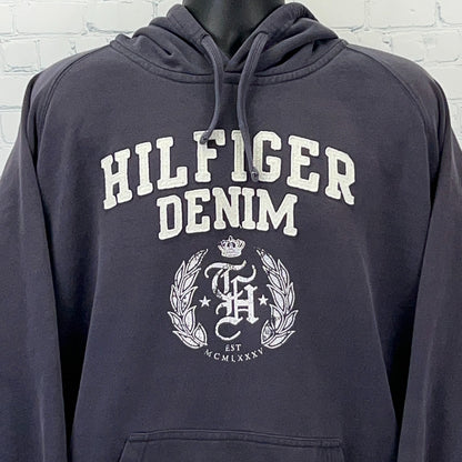 Tommy Hilfiger navy hoodie featuring large logo and 'DENIM' text, size 2XL, front view