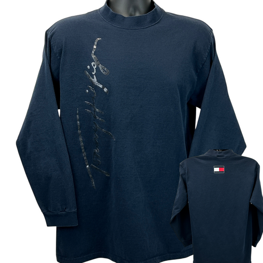 Tommy Hilfiger Navy Long Sleeve T-Shirt with Front Logo and Back Flag Detail, Size Medium