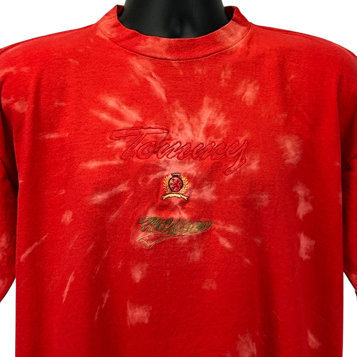 Tommy Hilfiger red tie-dye t-shirt featuring embroidered logo on front, size medium