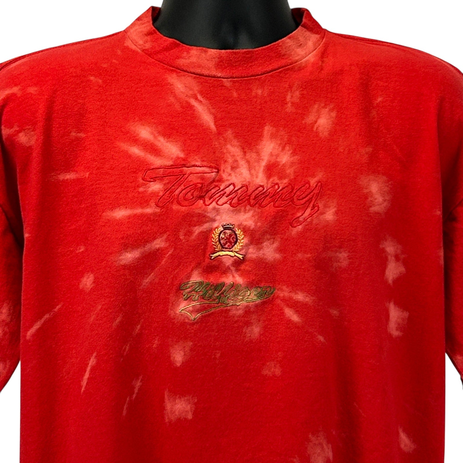 Tommy Hilfiger red tie-dye t-shirt featuring embroidered logo on front, size medium