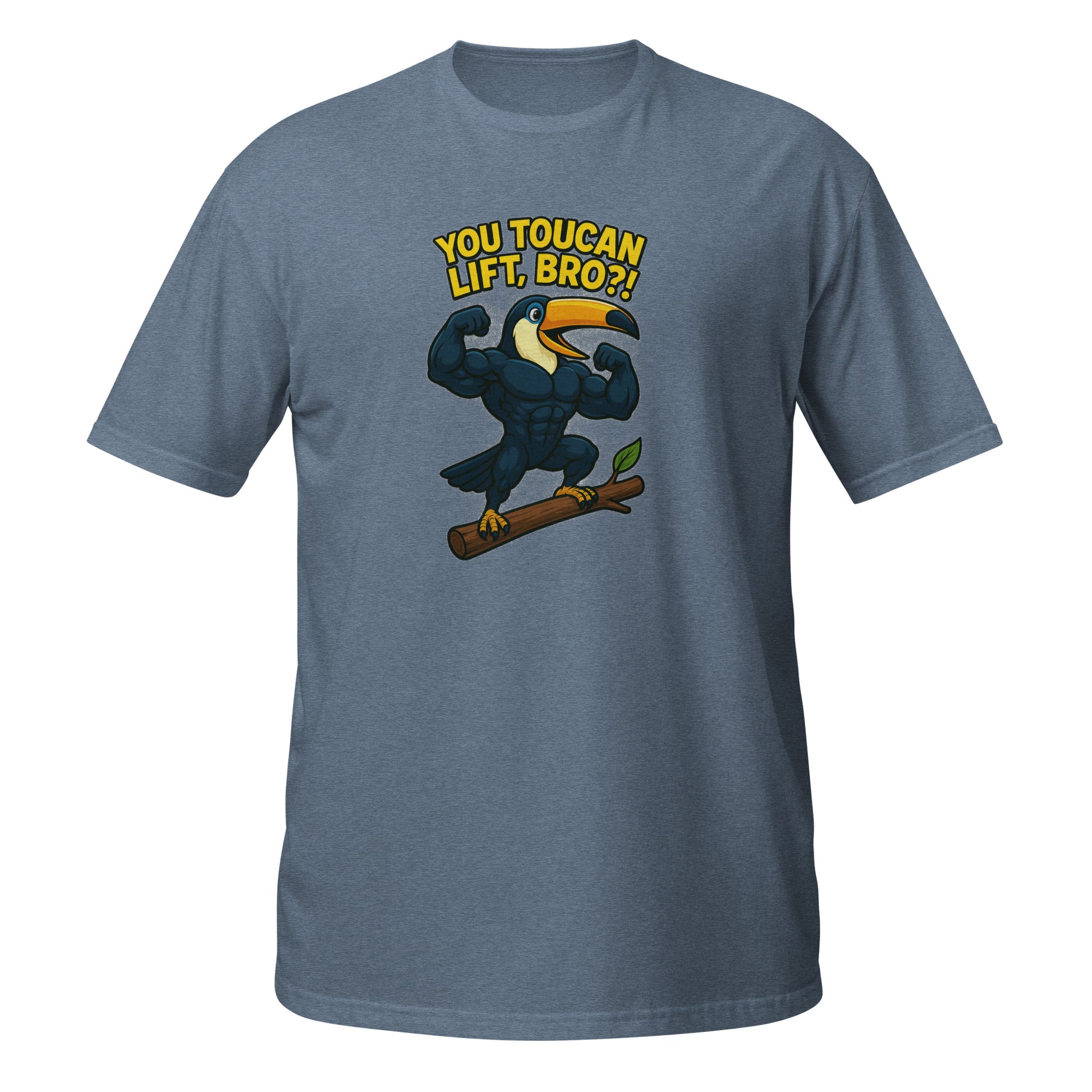 Men's gray T-Shirt featuring a cartoon toucan flexing muscles with text 'You Toucan Lift Bro?' designed for bodybuilders