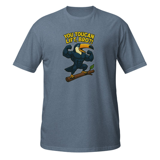 Men's gray T-Shirt featuring a cartoon toucan flexing muscles with text 'You Toucan Lift Bro?' designed for bodybuilders