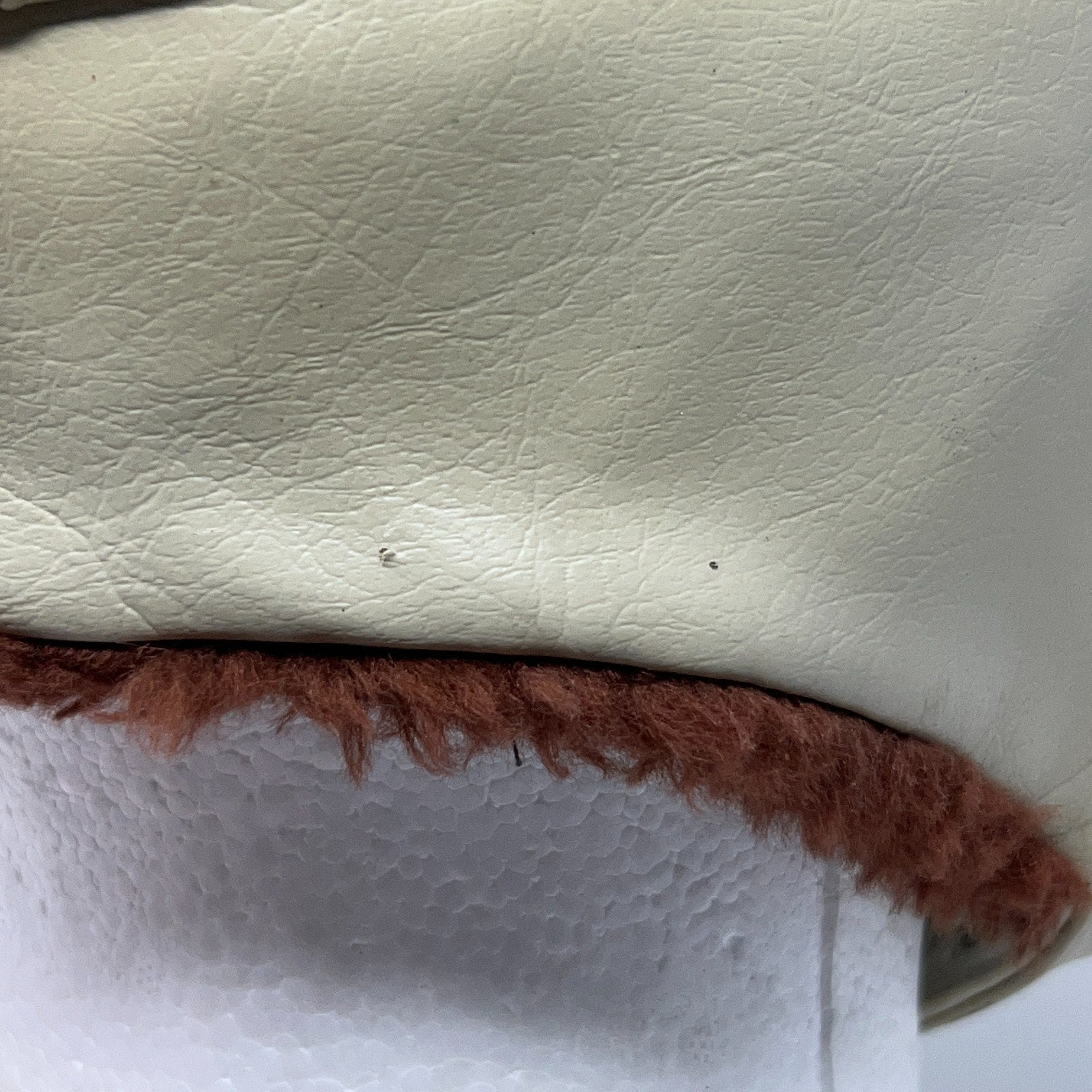 Vintage 80s beige trapper hat with brown fur lining, front view showing texture