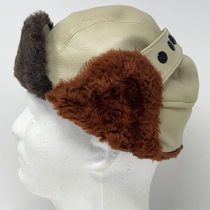 Vintage 1980s trapper hat in cream and brown from the side view