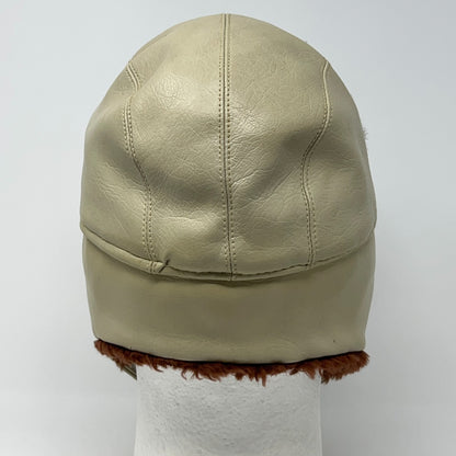Vintage 1980s beige trapper hat in medium size, shown from the back with faux fur trim