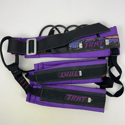JRAT Climbing Harness in purple with padded support, detailed straps, and logo for stability during climbs