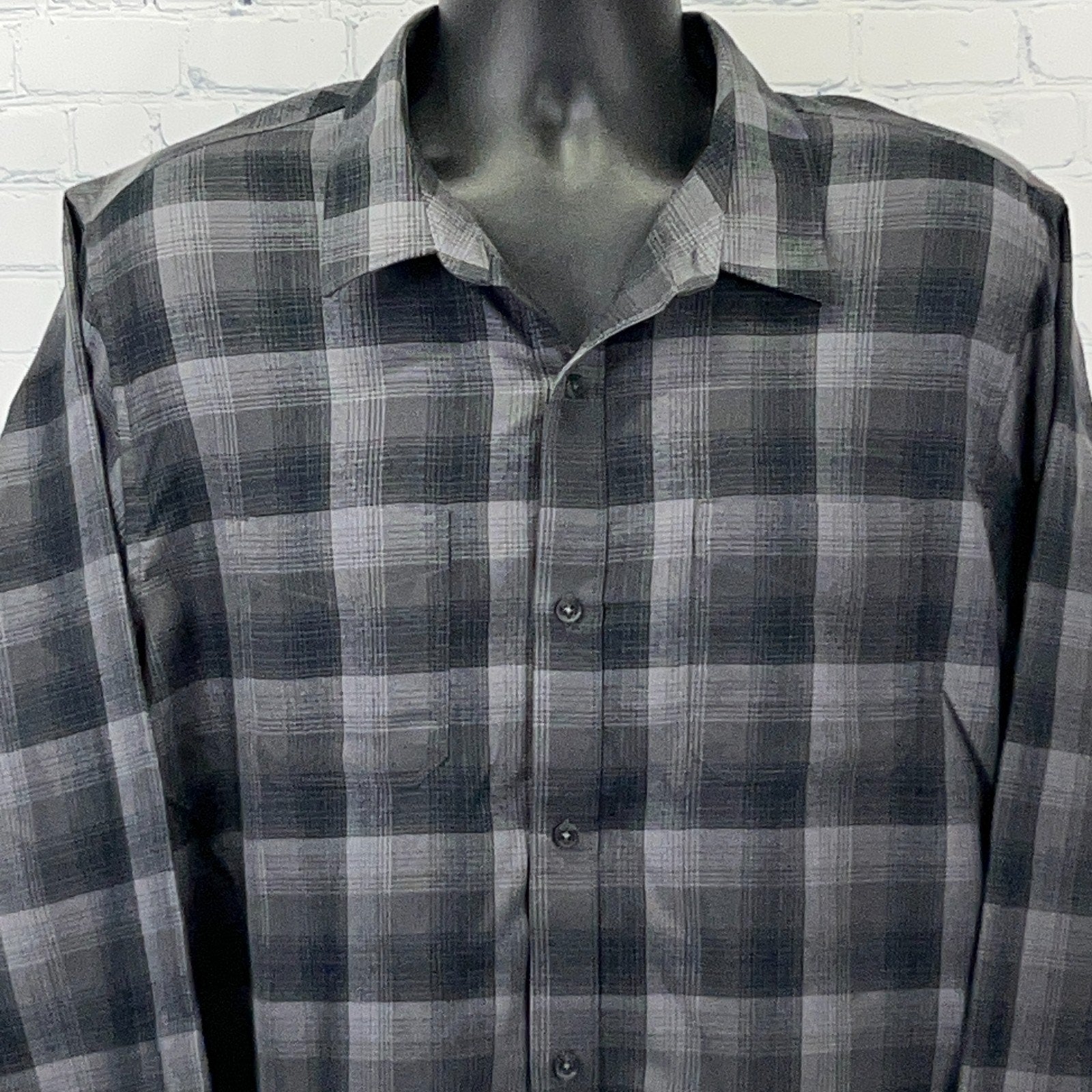 Travis Mathew Men's Gray Plaid Button-Up Shirt in a Relaxed Fit, Front View
