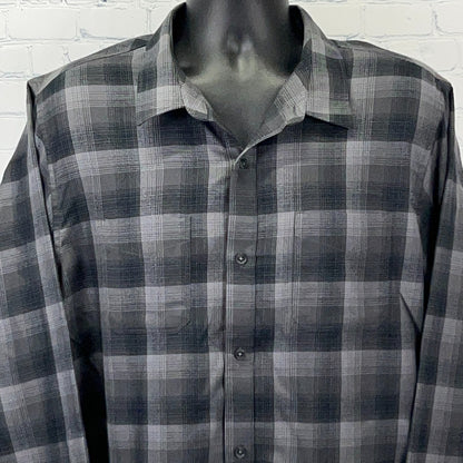 Travis Mathew Men's Gray Plaid Button-Up Shirt in a Relaxed Fit, Front View